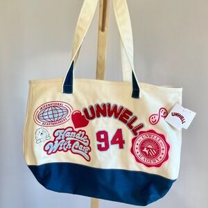 Unwell Academy Canvas Tote Bag Cream Navy Blue Varsity Graphic Shoulder Bag